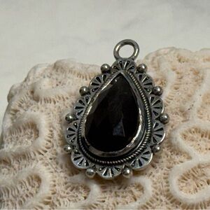Vintage-Style Black Onyx Teardrop Pendant with Sterling Silver Filigree Frame